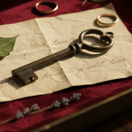 A single antique key with an ornate, heart-shaped bow lies atop a folded sheet of parchment on a velvet-lined tray, the paper marked by faint, barely legible lines of faded ink. Scattered around are small, symbolic objects: a pressed ivy leaf, a slender gold ring, and a dried sprig of lavender. The tray rests on a dark, richly grained wooden surface. A narrow beam of late evening light falls across the key and parchment, leaving the surrounding area in soft shadow, creating a chiaroscuro effect. Photographic realism with a low-angle, close-up composition and a shallow depth of field, resulting in a sophisticated, mysterious atmosphere that suggests locked-away feelings and the quiet gravity of cherished secrets.
