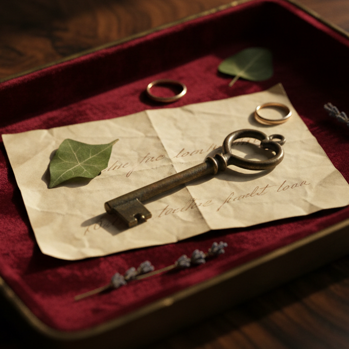 A single antique key with an ornate, heart-shaped bow lies atop a folded sheet of parchment on a velvet-lined tray, the paper marked by faint, barely legible lines of faded ink. Scattered around are small, symbolic objects: a pressed ivy leaf, a slender gold ring, and a dried sprig of lavender. The tray rests on a dark, richly grained wooden surface. A narrow beam of late evening light falls across the key and parchment, leaving the surrounding area in soft shadow, creating a chiaroscuro effect. Photographic realism with a low-angle, close-up composition and a shallow depth of field, resulting in a sophisticated, mysterious atmosphere that suggests locked-away feelings and the quiet gravity of cherished secrets.