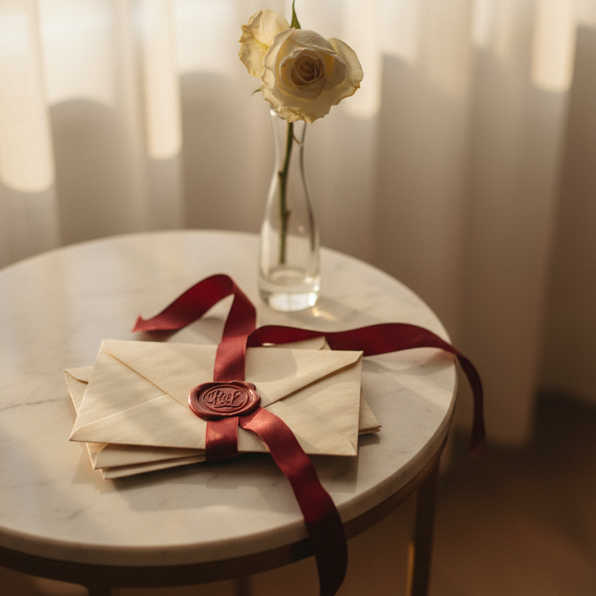 A small stack of sealed envelopes bound loosely with a silk burgundy ribbon sits at the center of a marble-topped side table, their edges slightly worn as if often handled. Each envelope is stamped with a deep red wax seal, the wax glossy and imperfect, bearing an intricate monogram imprint. Behind them, a clear glass vase holds a single fading white rose, petals just beginning to curl. Late afternoon golden light filters through sheer curtains, casting soft, elongated shadows. The composition follows the rule of thirds, with the envelopes in sharp focus and the background gently blurred. Photographic realism with a refined, nostalgic mood, suggesting secret affections and the weight of what remains unsaid.
