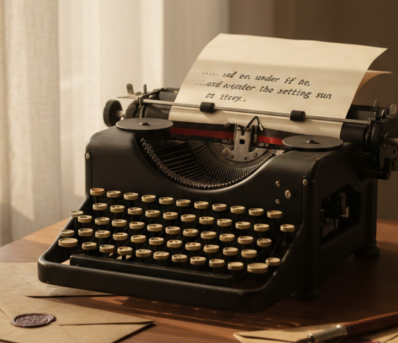A single vintage typewriter in deep matte black metal sits centered on a narrow walnut desk, its round ivory keys slightly worn, a half-finished letter curled in the carriage with inky words trailing off mid-sentence. Scattered around are a few folded envelopes sealed with dark burgundy wax and a fountain pen resting diagonally across one. The scene is set near a tall window draped with sheer linen, where late afternoon light filters in softly, casting elongated, delicate shadows and glints on the typewriter’s edges. Shot at eye level with a shallow depth of field so the background dissolves into velvety blur, the mood is introspective, intimate, and sophisticated, in a quiet photographic realism that feels like a paused confession.
