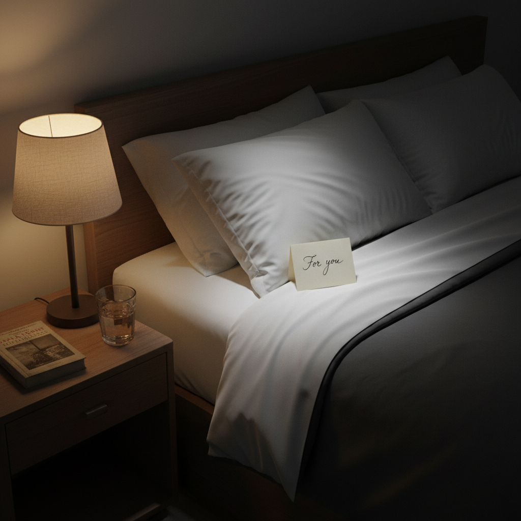 A neatly made bed with crisp white cotton sheets and a charcoal gray duvet features a single, carefully folded note placed on the empty side of the bed. The note’s front reads only “For you” in delicate script, the rest of the writing hidden from view. A dim bedside lamp with a linen shade casts warm, intimate light, forming a soft halo around the note and leaving the room corners in gentle shadow. On the nightstand, a simple glass of water and a book turned face down add subtle narrative details. Photographic realism, slightly elevated angle, cinematic and emotionally charged atmosphere of longing and absence.