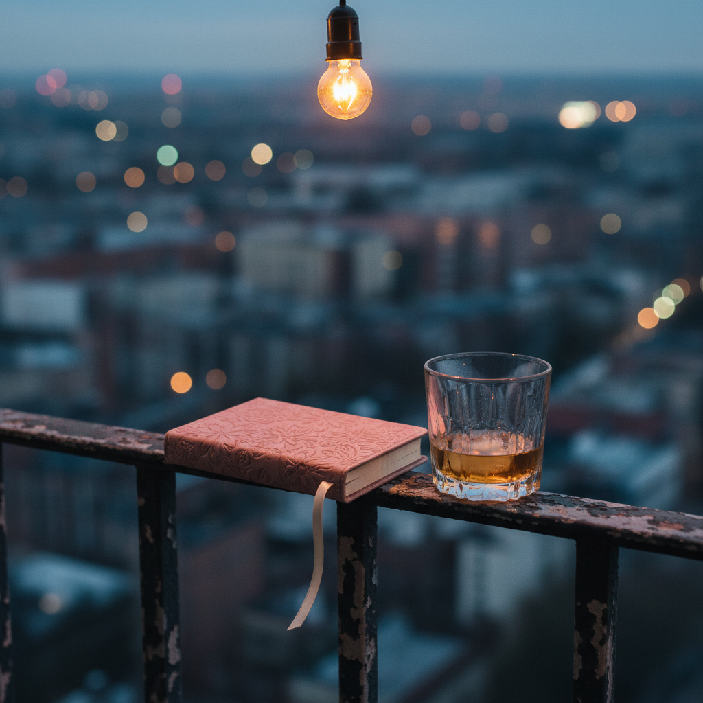 On a narrow balcony railing of weathered dark iron, a small, leather-bound notebook in soft blush tones lies closed, a pale ribbon bookmark hanging over the edge as if almost falling. Next to it, a clear glass tumbler holds melting ice and the last sip of an amber drink, condensation beading on the surface. The city beyond is transformed into a dreamy bokeh of twilight lights, cool blues and warm golds intermingling. A single overhead string light provides a warm glow on the notebook’s textured cover, while remaining areas fall into gentle dusk. Photographic realism, shallow depth of field, cinematic and contemplative mood about private thoughts kept from the world.