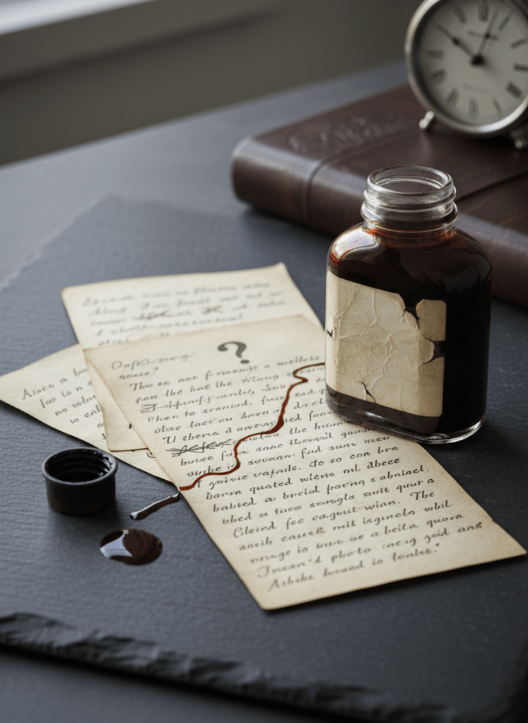 A minimalist glass bottle of deep amber ink, its label faded and partly peeling, stands beside a scattered collection of loose, cream-colored pages covered in incomplete sentences and crossed-out phrases. The papers rest on a dark, matte slate surface. A thin trail of ink leads to a small, overturned inkwell cap, hinting at hesitation and spilled thoughts. Cool, overcast window light from the left side creates soft, diffused illumination and subtle reflections on the glass. The background fades into gentle blur: the corner of a closed leather-bound notebook and a silver desk clock. Photographic realism, moody and introspective, framed with rule-of-thirds composition.